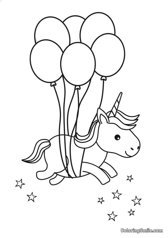 Einhorn fliegend auf Luftballons - Ausmalbild