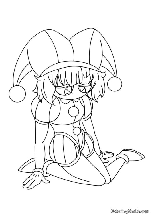 Pomni, die auf Knien sitzt - Ausmalbild