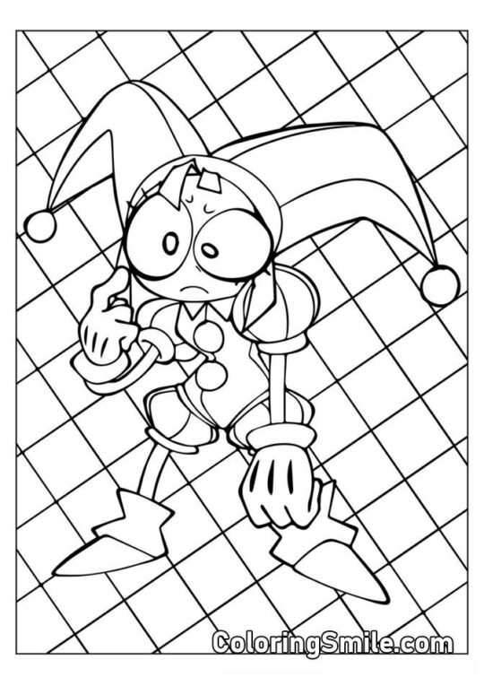 Pomni vor einem karrierten Hintergrund - Ausmalbild