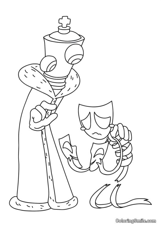 Koralle und Gangl mit einer zerrissenen Maske - Ausmalbild