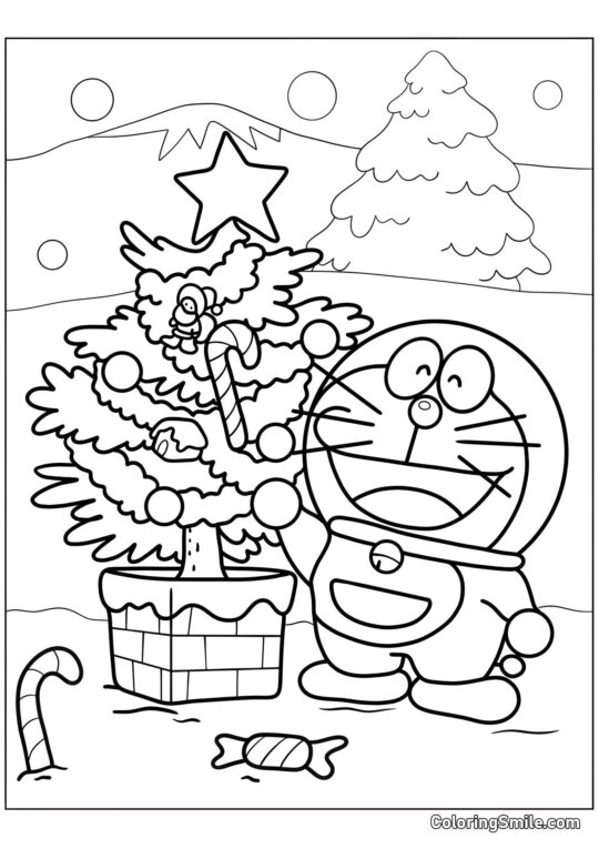 Doraemon mit Weihnachtsbaum - Ausmalbild