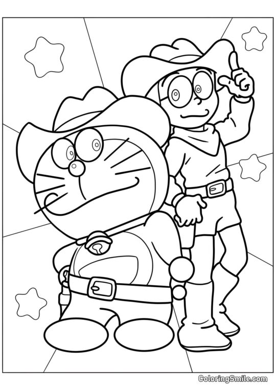 Cowboy Doraemon und Nobita - Ausmalbild