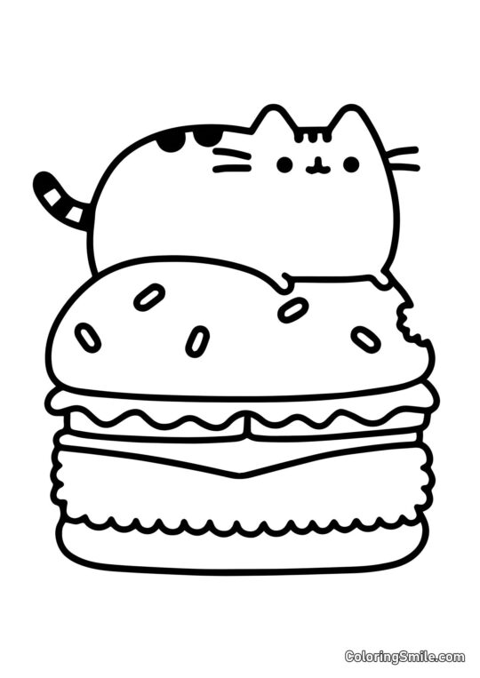 Pusheen die Katze auf Cheeseburger Pusheen die Katze auf Cheeseburger - Ausmalbild