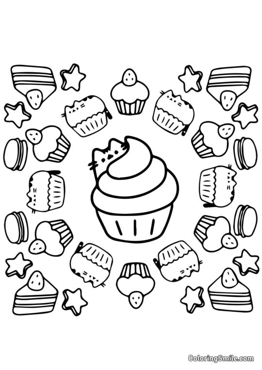 Pusheen die Katze und Süßigkeiten (Kunsttherapie) Pusheen die Katze und Süßigkeiten (Kunsttherapie) - Ausmalbild