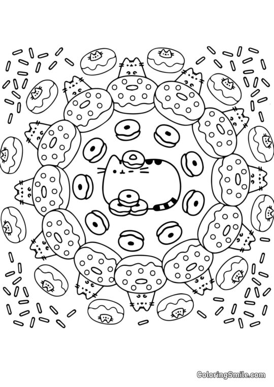 Pusheen die Katze und Donuts (Kunsttherapie) Pusheen die Katze und Donuts (Kunsttherapie) - Ausmalbild