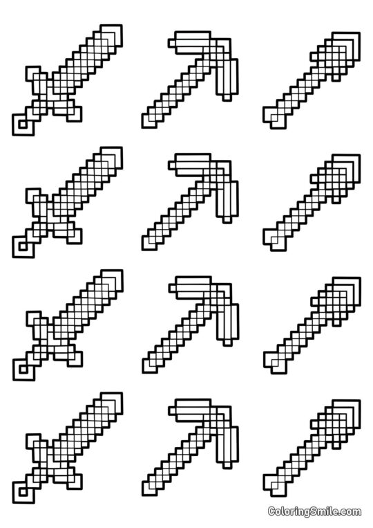 Minecraft Schwert, Spitzhacke und Schaufel Minecraft Schwert, Spitzhacke und Schaufel - Ausmalbild
