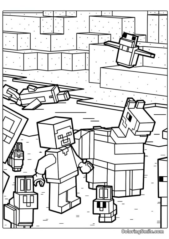 Steve mit Lama und Kaninchen Steve mit Lama und Kaninchen - Ausmalbild