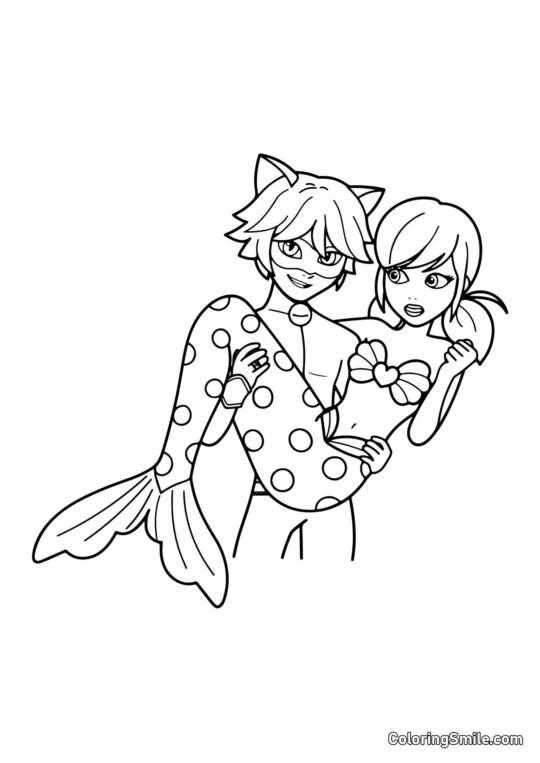 Meerjungfrau Marienkäfer in Cat Noirs Armen - Ausmalbild