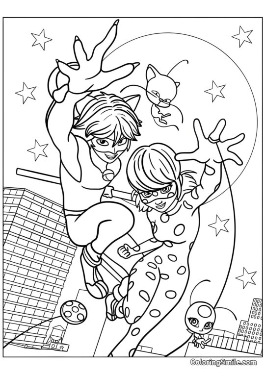 Wunderbarer Marienkäfer und Cat Noir - Ausmalbild