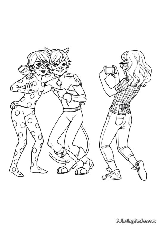 Alya fotografiert Marienkäfer und Cat Noir - Ausmalbild