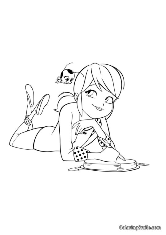 Marienkäfer schreibt im Tagebuch - Ausmalbild