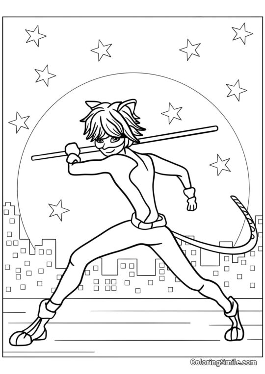 Cat Noir mit Stock - Ausmalbild