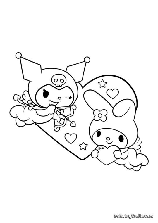 Kuromi und My Melody am Valentinstag - Ausmalbild