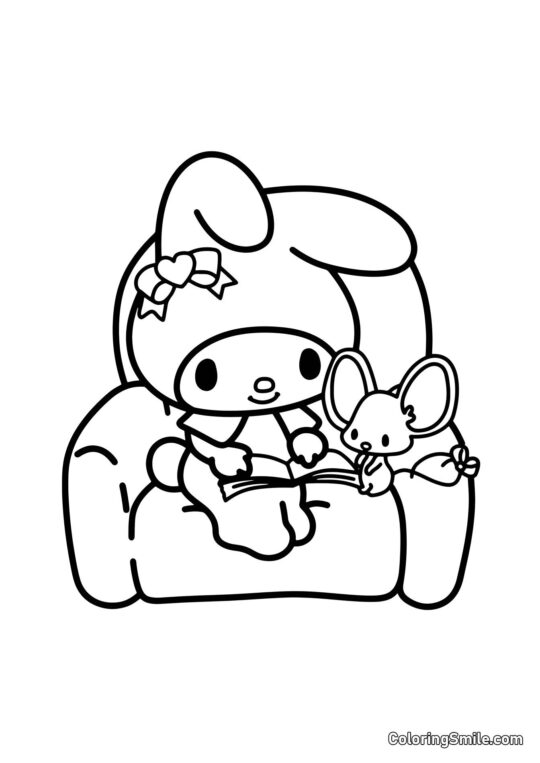 My Melody mit Maus auf dem Stuhl - Ausmalbild