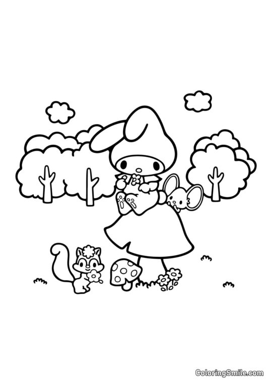 My Melody sitzt auf einem Pilz - Ausmalbild