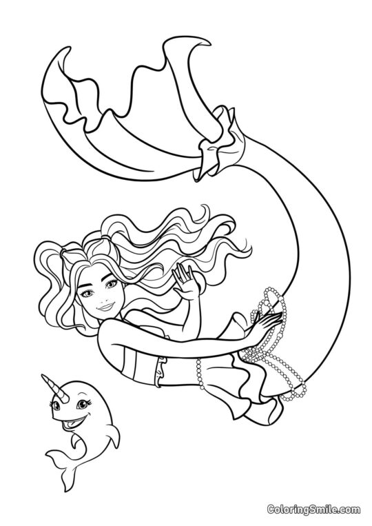 Barbie Meerjungfrau winkt mit Narwal - Ausmalbild