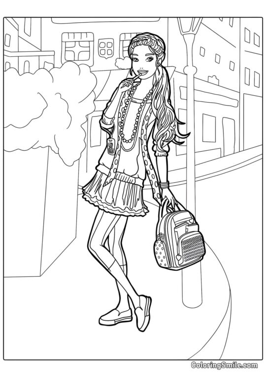 Barbie mit einem Rucksack - Ausmalbild