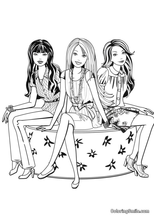 Barbie auf einer Bank mit Freunden - Ausmalbild