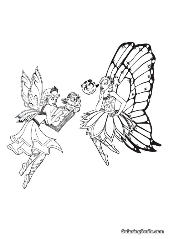 Barbie Feen mit Haustieren - Ausmalbild