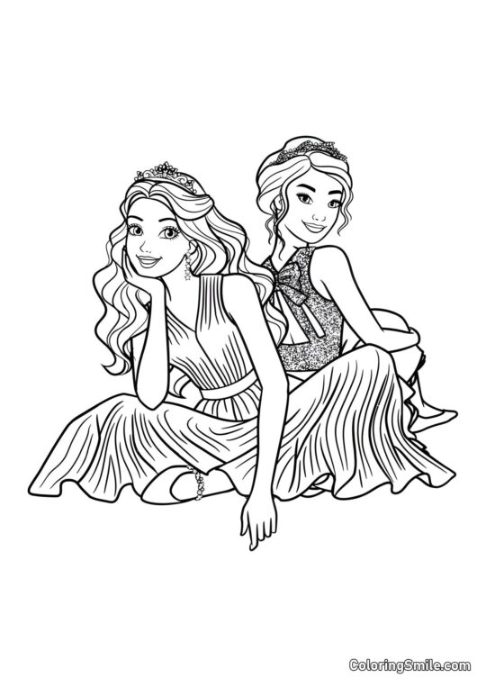 Barbie mit einer Freundin sitzend auf dem Boden - Ausmalbild