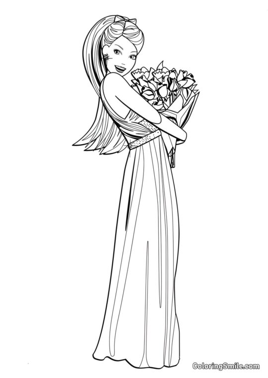 Barbie mit einem Blumenstrauß - Ausmalbild