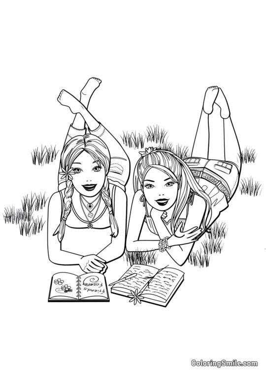 Barbie liest Bücher in der Natur - Ausmalbild