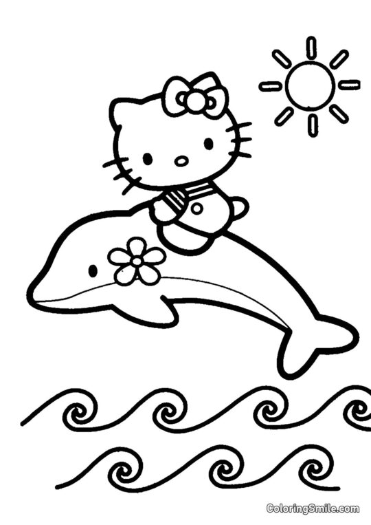 Kitty freundet sich mit einem Delfin an - Ausmalbild