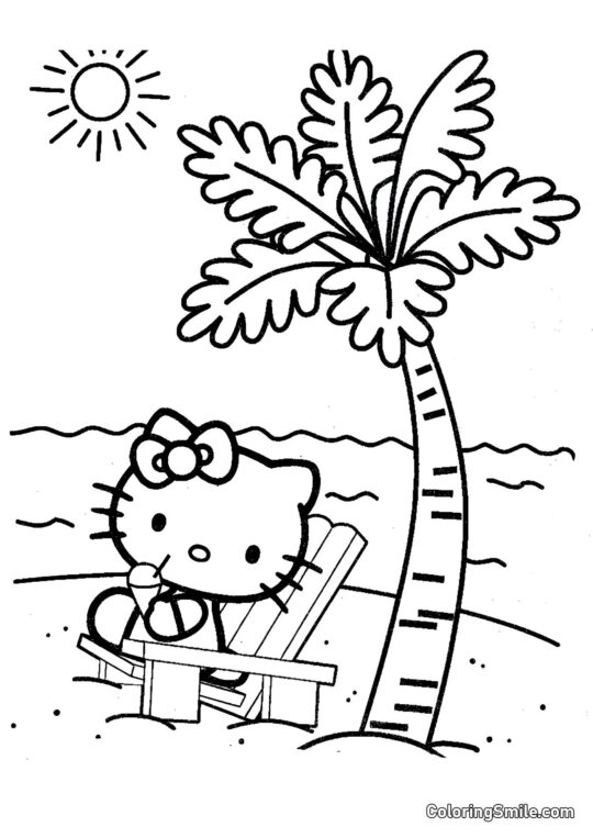 Kitty neben einer Palme - Ausmalbild