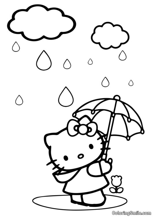 Hello Kitty unter einem Regenschirm - Ausmalbild