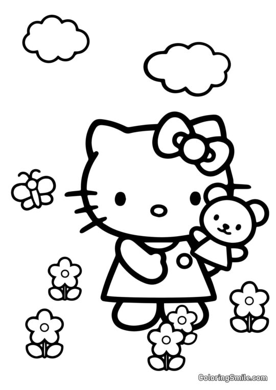 Hello Kitty mit einem Teddybär - Ausmalbild