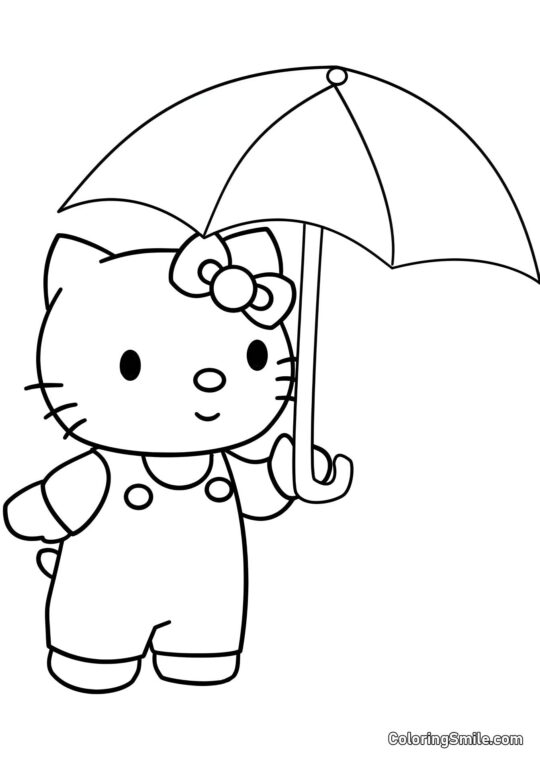 Kitty mit einem neuen Regenschirm - Ausmalbild