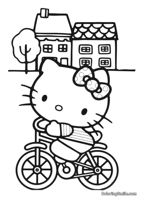 Kitty fährt Fahrrad - Ausmalbild