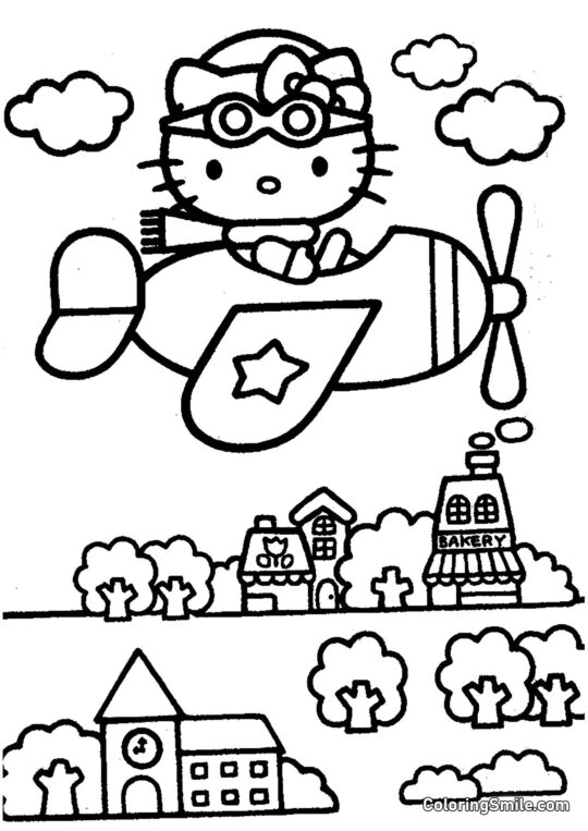Hello Kitty fliegt über die Stadt - Ausmalbild