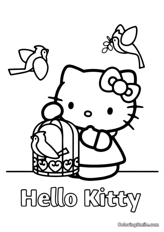 Hello Kitty mit Vögeln - Ausmalbild