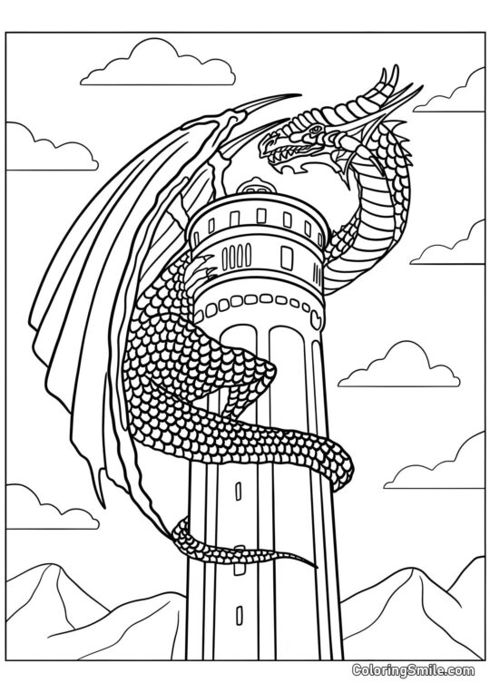 Drache auf dem Turm - Ausmalbild