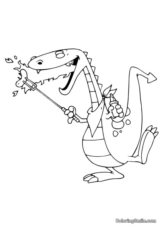 Drache brät eine Wurst - Ausmalbild