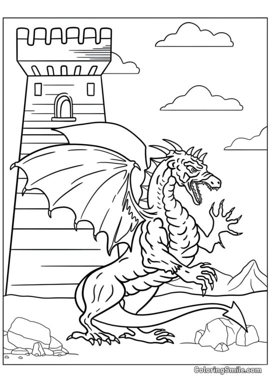 Furchtbarer Drache bewacht die Burg - Ausmalbild