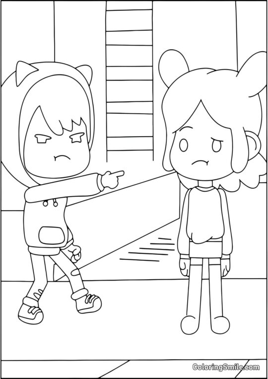 Toca Boca Zeke zeigt mit dem Finger auf Rita - Ausmalbild