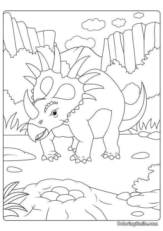 Styracosaurus nahe Nest mit Eiern - Ausmalbild