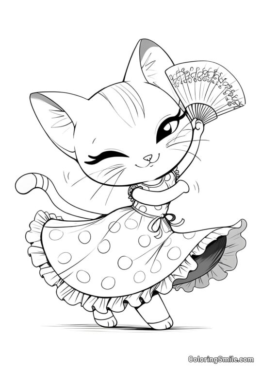 Niedliche Katze mit Fächer - Ausmalbild