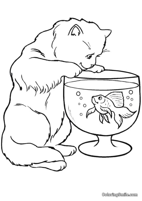 Katze und Goldfisch - Ausmalbild