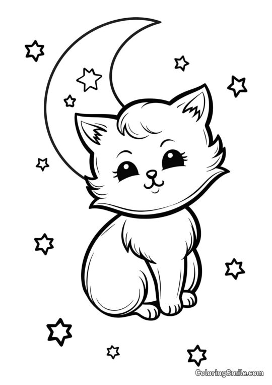 Katze und Mond - Ausmalbild