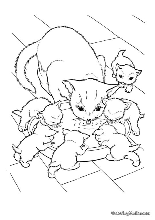 Katze und sechs Kätzchen - Ausmalbild