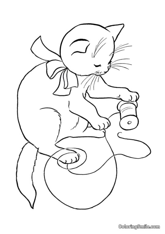 Katze spielt mit Schnüren - Ausmalbild