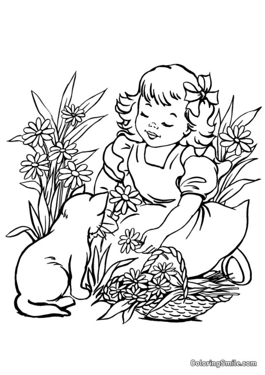 Katze und Mädchen, die Gänseblümchen pflücken - Ausmalbild