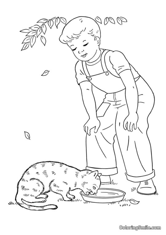 Katze und Junge - Ausmalbild