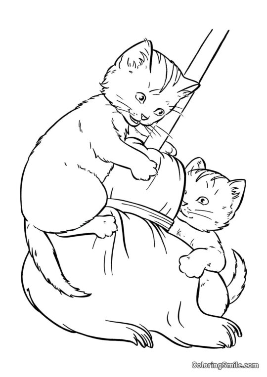 Zwei Kätzchen spielen mit einem Besen - Ausmalbild