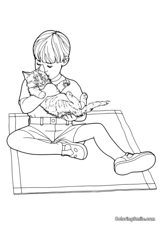 Kätzchen, das mit Junge spielt - Ausmalbild