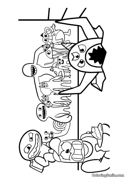 Banban Helden und Spieler mit Kuchen - Ausmalbild