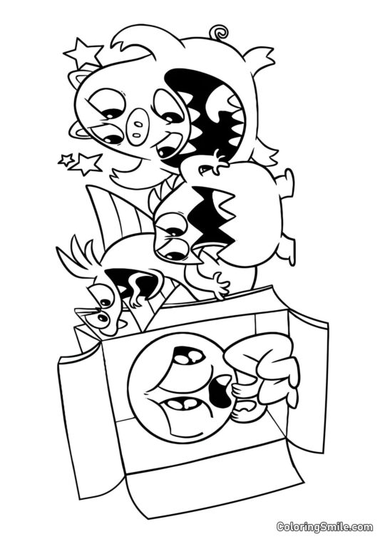 Spieler versteckt sich in einer Kiste vor den Monstern des Banban Kindergartens - Ausmalbild